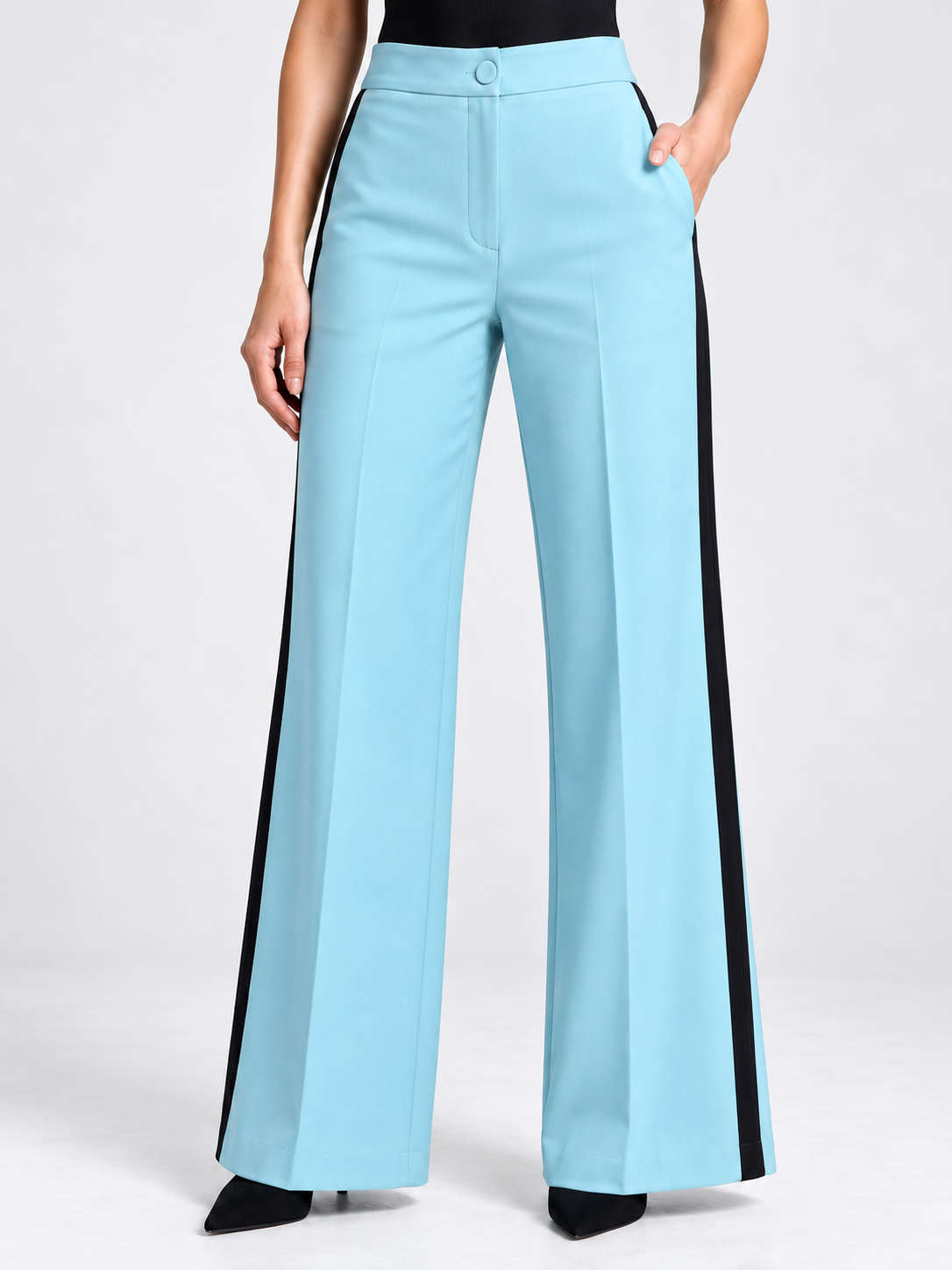 Sky blue wide-leg trousers close-up showing black side stripe, front crease and side pockets | Beyond Formals