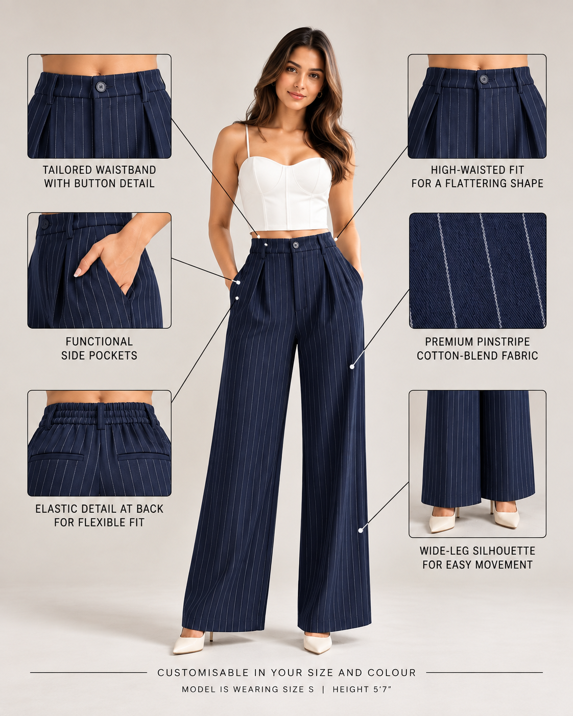 Infographic of navy pinstripe trousers showing waistband, pockets, back elastic and wide leg | Beyond Formals