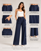 Infographic of navy pinstripe trousers showing waistband, pockets, back elastic and wide leg | Beyond Formals