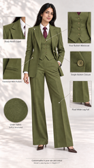 Infographic of olive green linen suit set showing notch lapel, waistcoat, welt pockets and wide-leg fall | Beyond Formals