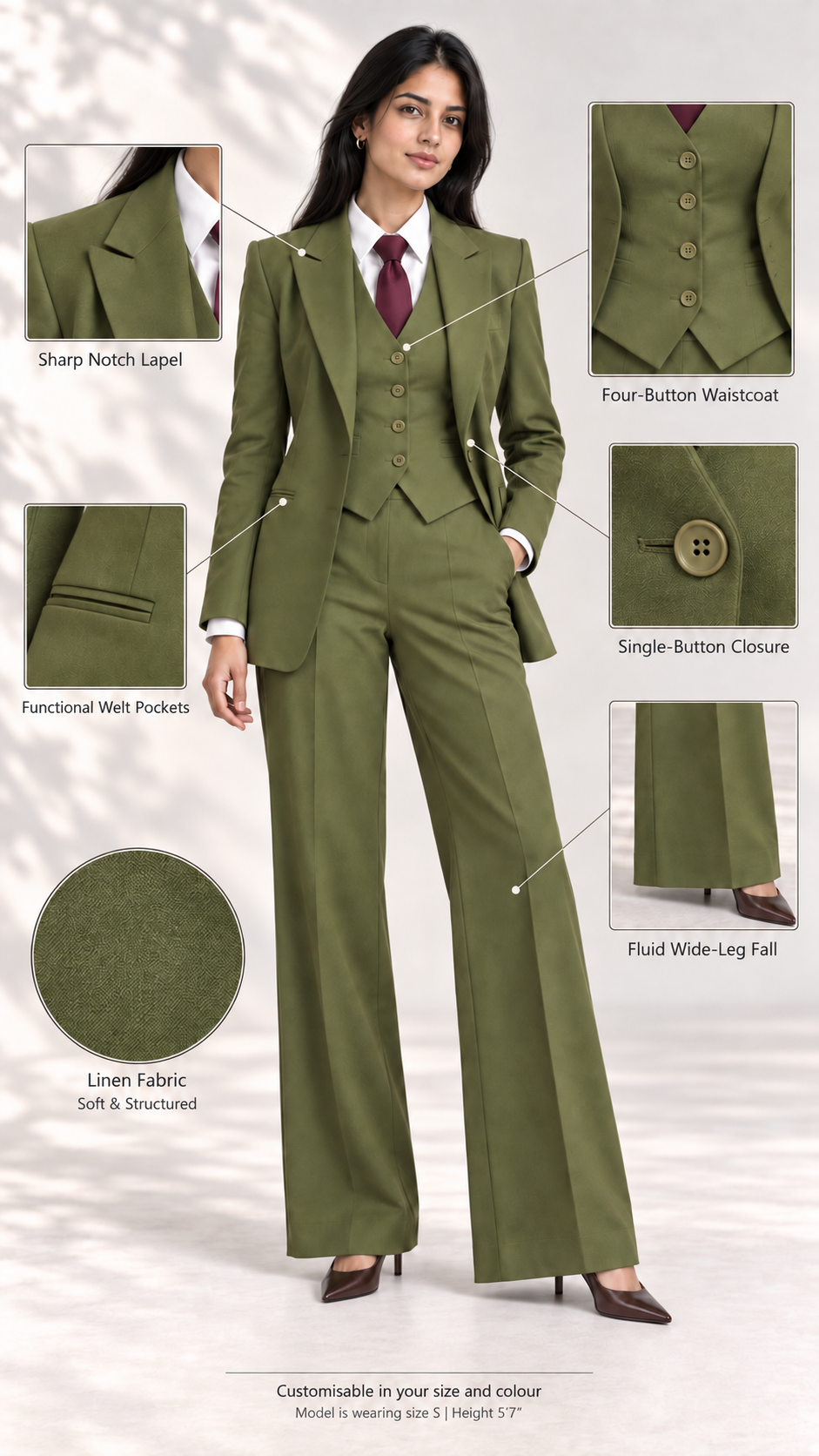 Infographic of olive green linen suit set showing notch lapel, waistcoat, welt pockets and wide-leg fall | Beyond Formals