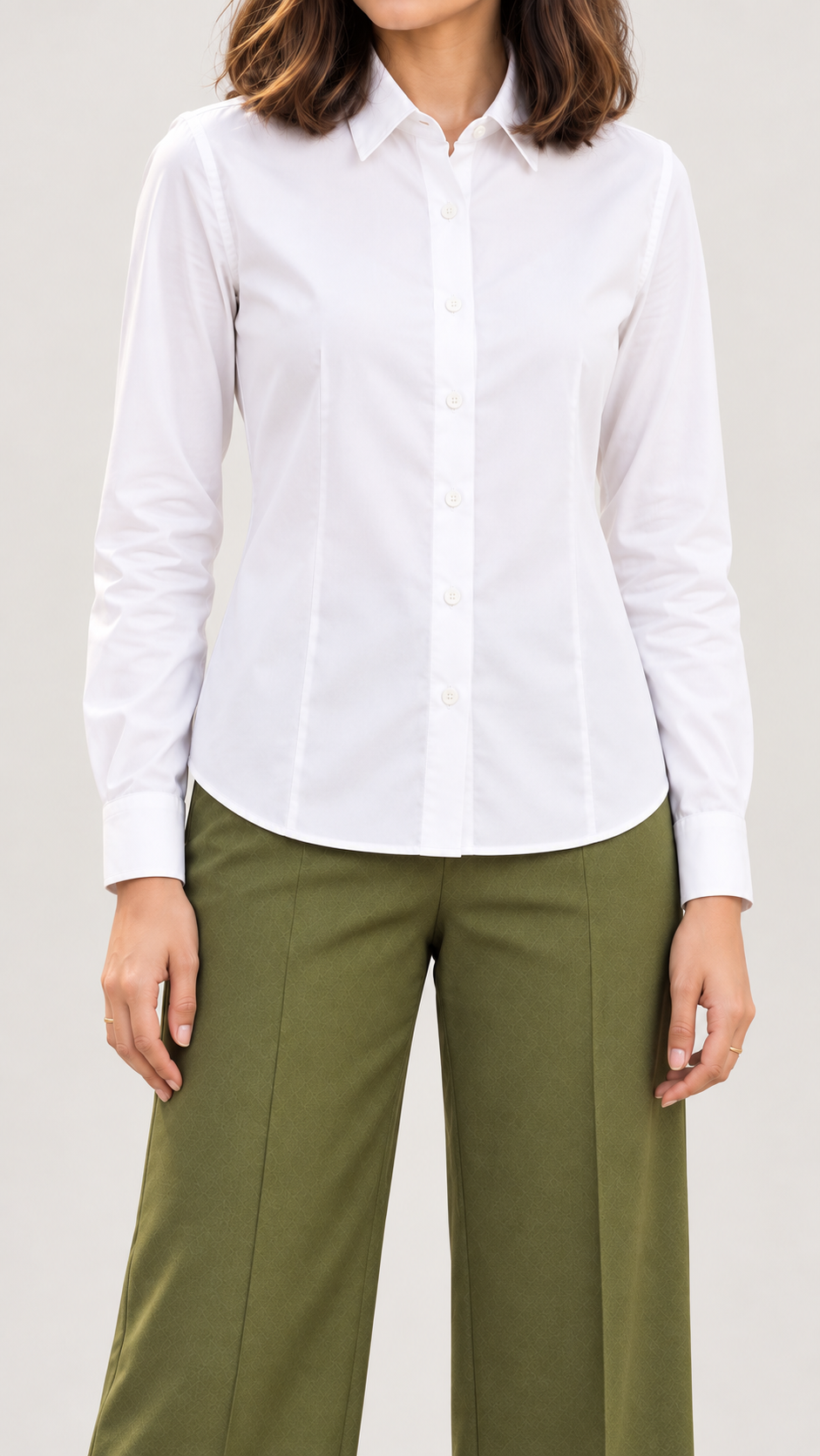 White shirt with classic collar tucked into olive green wide-leg trousers, close-up | Beyond Formals
