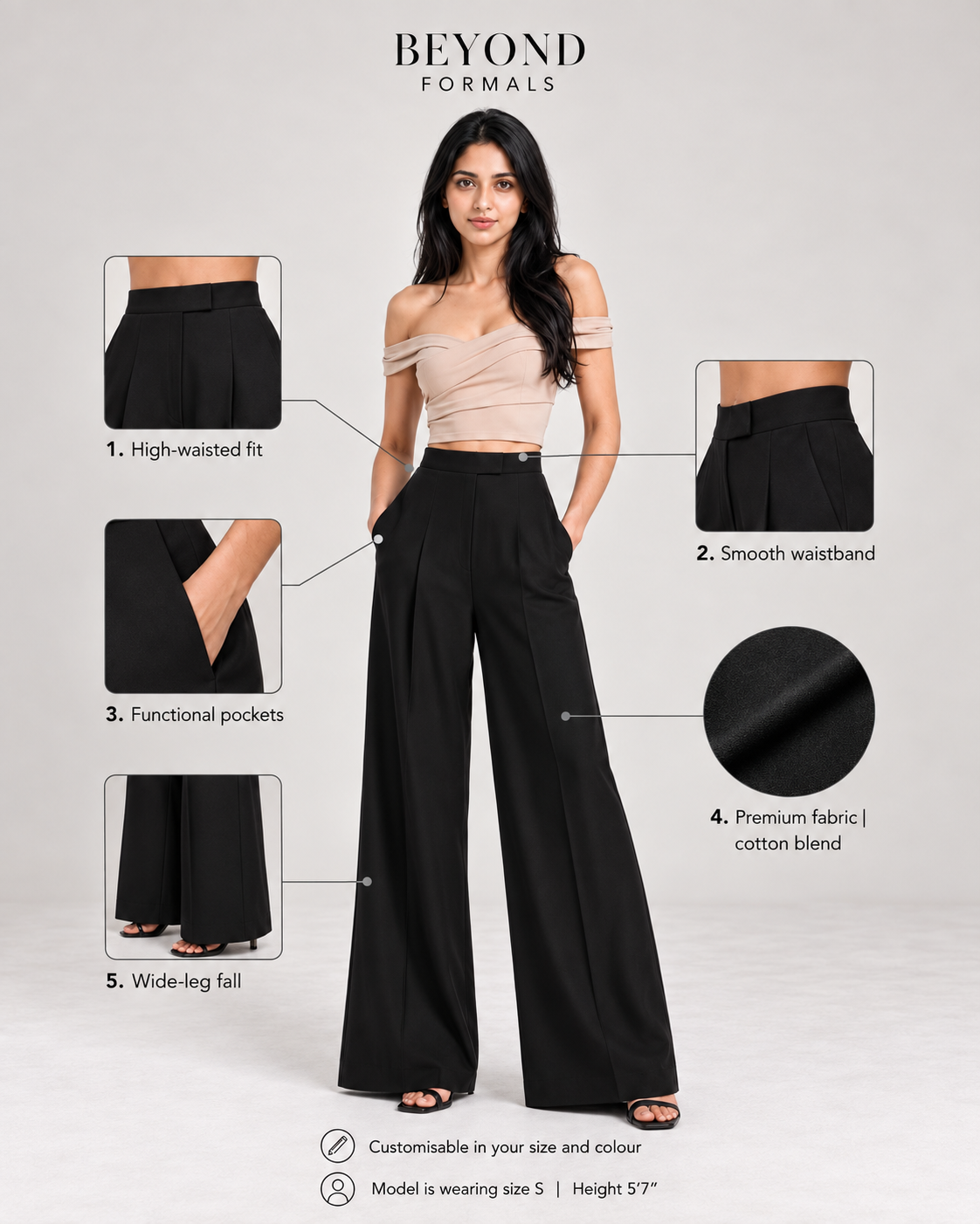 Black wide-leg trousers infographic showing high waist, smooth waistband, pockets and wide-leg fall | Beyond Formals