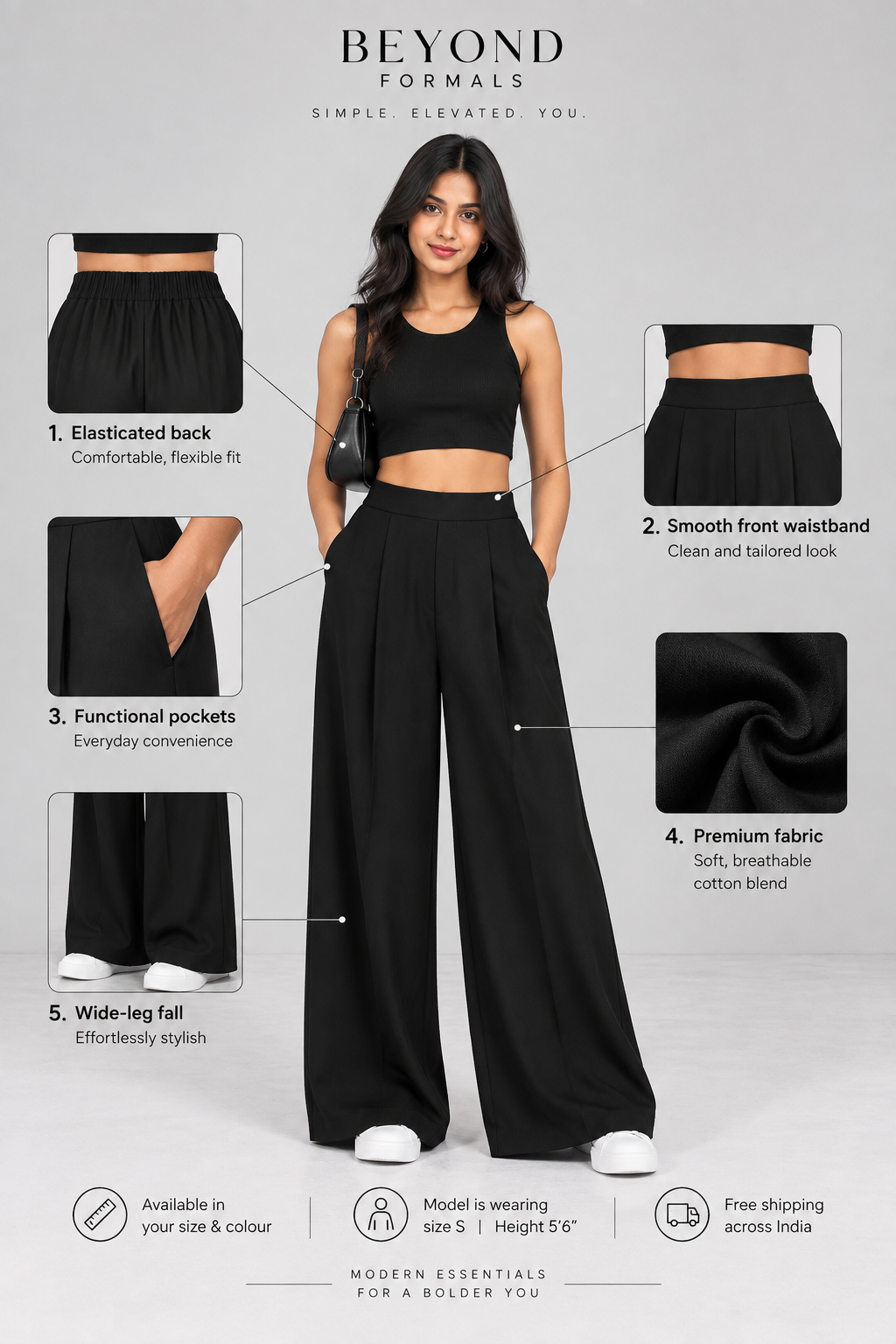 Black wide-leg trousers infographic: elasticated back, smooth front waistband, pockets, cotton blend | Beyond Formals
