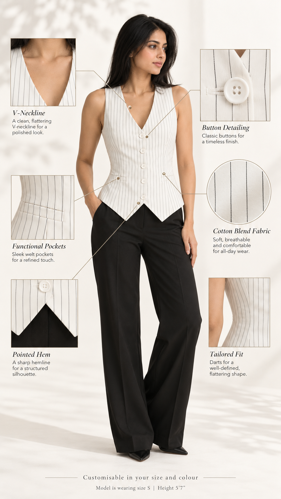 White pinstripe waistcoat infographic: V-neckline, buttons, pockets, pointed hem, tailored fit | Beyond Formals