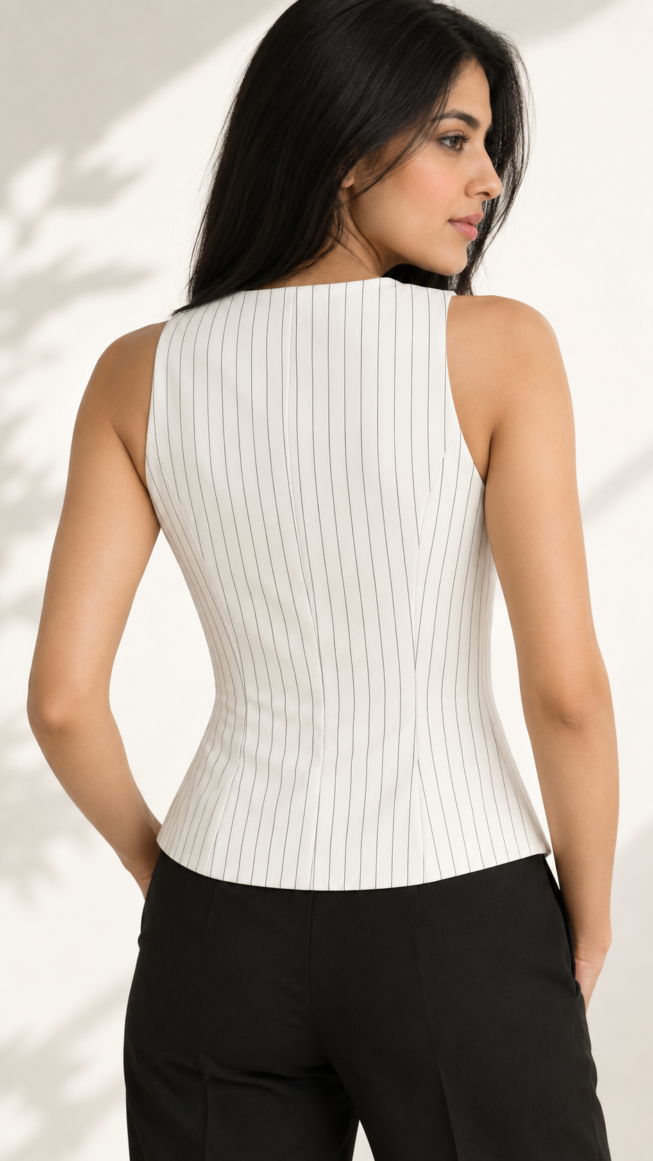 White pinstripe waistcoat back view with black trousers | Beyond Formals