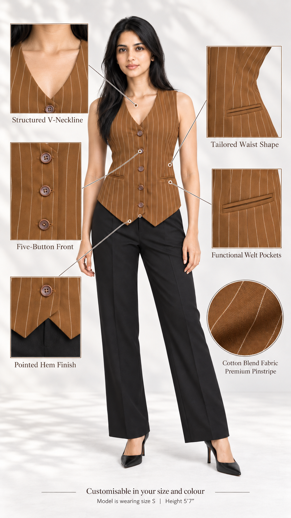 Brown pinstripe waistcoat infographic: V-neckline, five buttons, welt pockets, pointed hem | Beyond Formals
