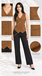 Brown pinstripe waistcoat infographic: V-neckline, five buttons, welt pockets, pointed hem | Beyond Formals