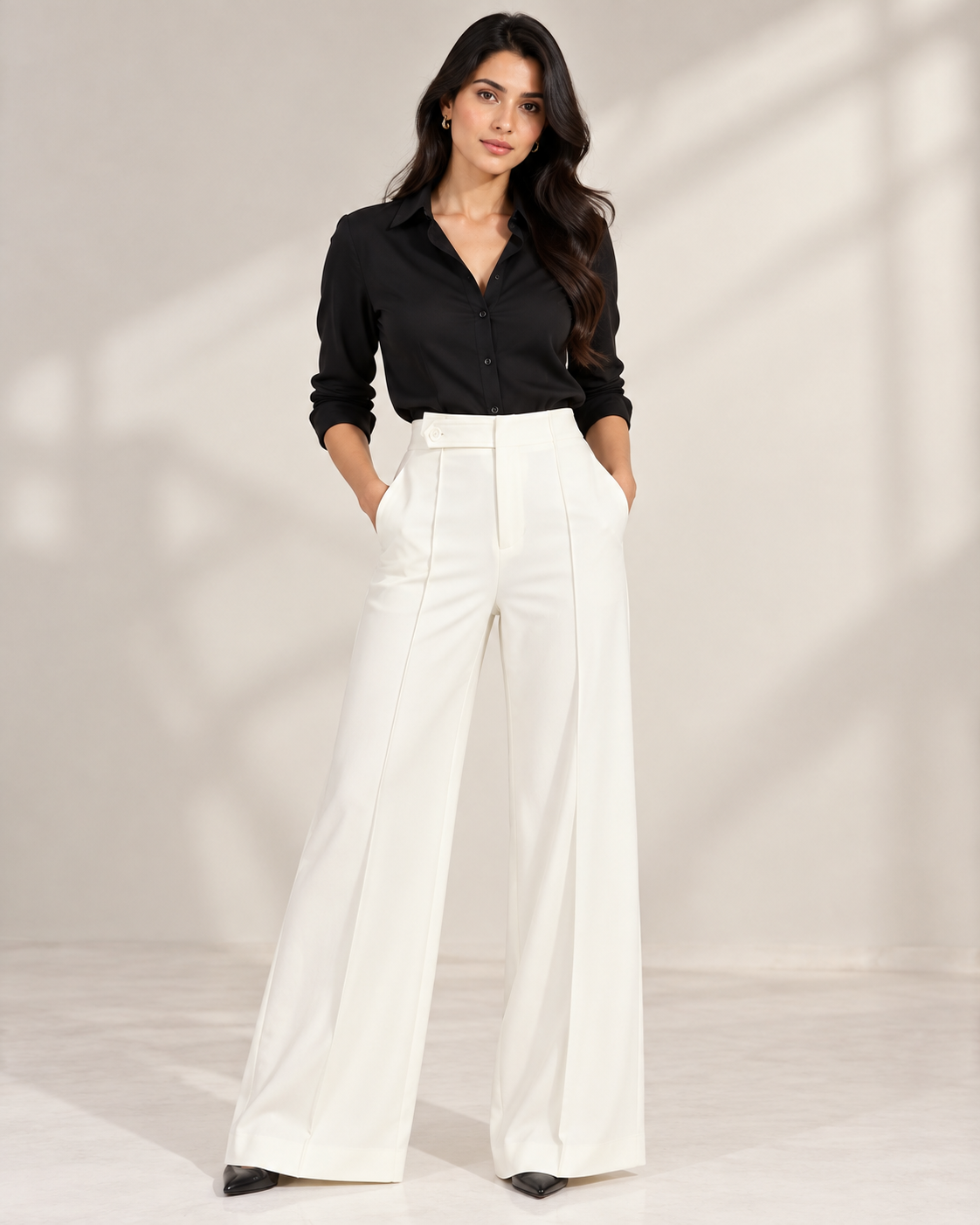 Off-white ultra high-waist wide-leg trousers with black shirt, full-length front view | Beyond Formals