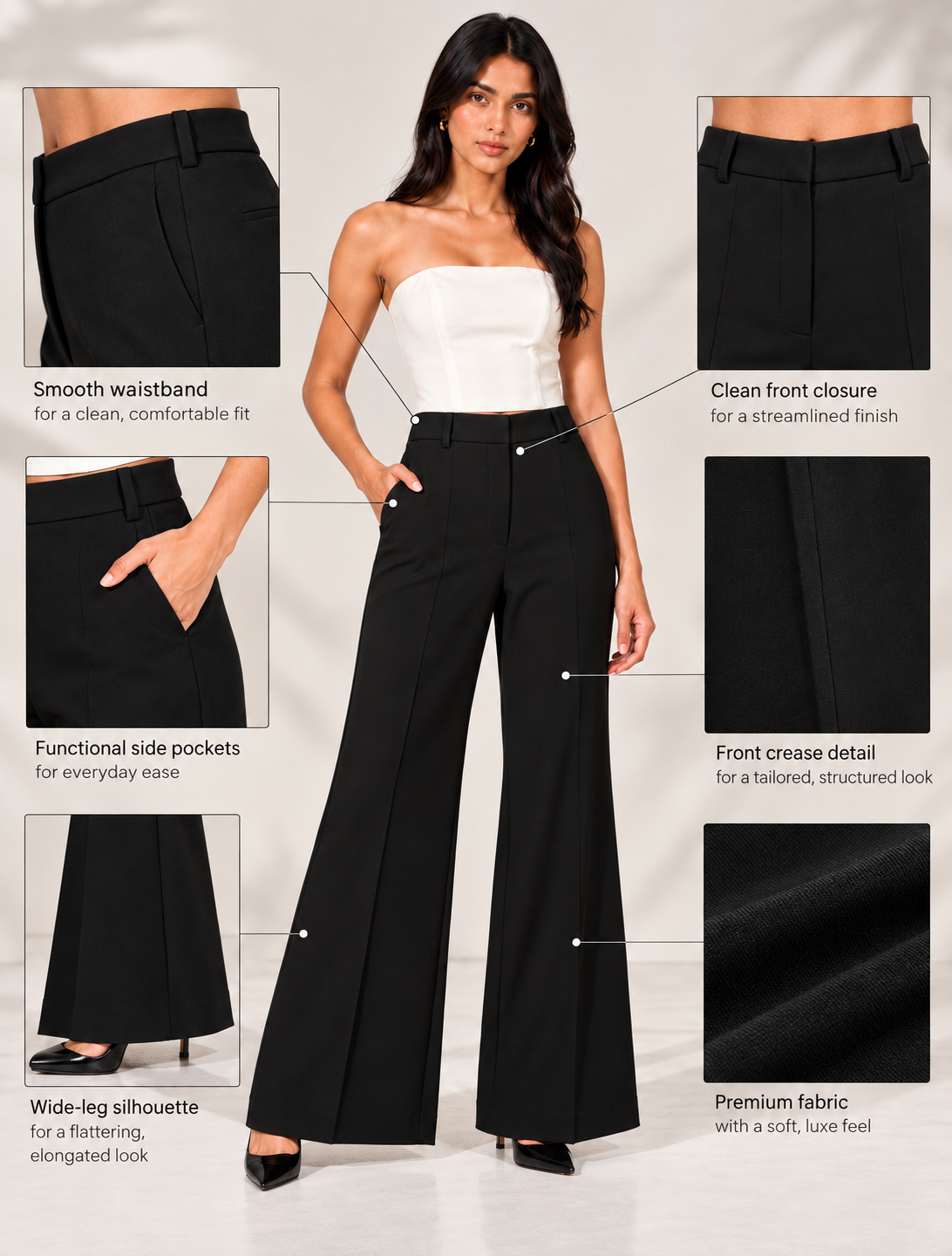 Black flared trousers infographic: smooth waistband, front closure, side pockets, crease, flare | Beyond Formals