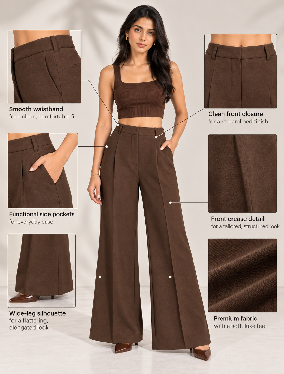 Brown wide-leg trousers infographic showing waistband, front closure, pockets, crease and wide-leg silhouette | Beyond Formals