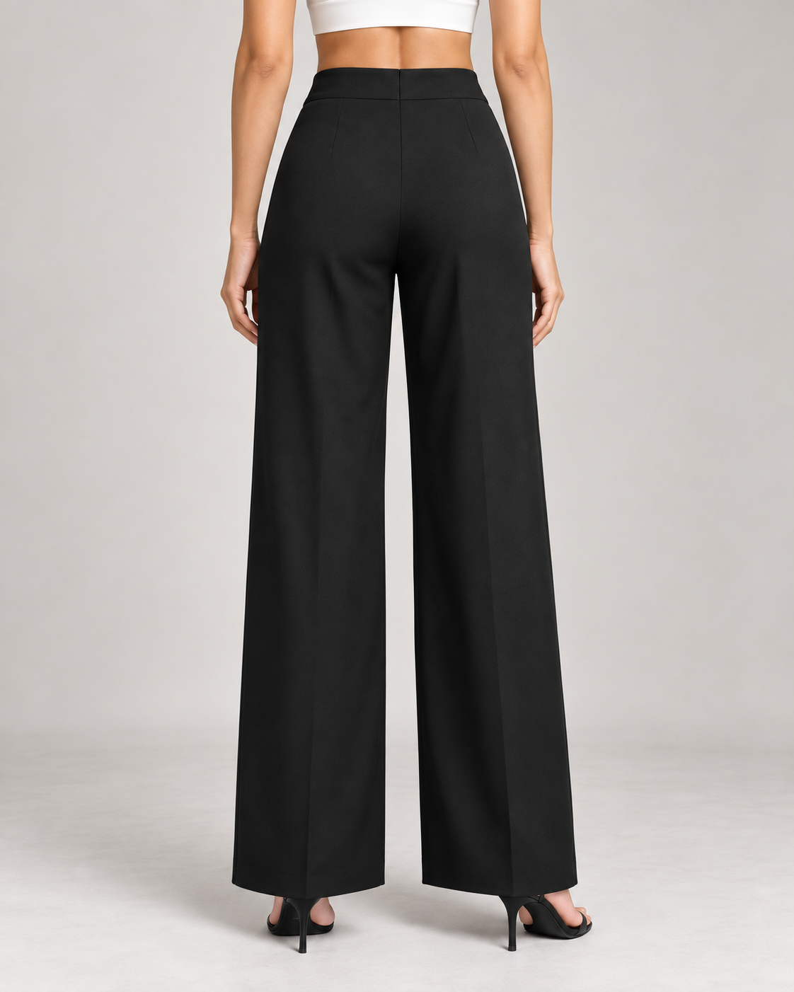 Black ultra high-waist wide-leg trousers, back view | Beyond Formals
