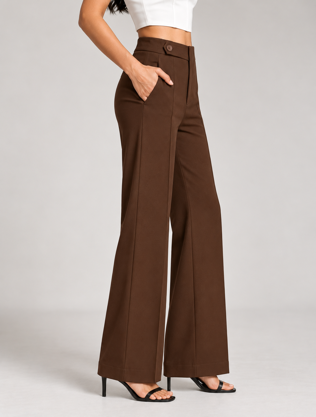 Brown ultra high-waist wide-leg trousers, side view | Beyond Formals