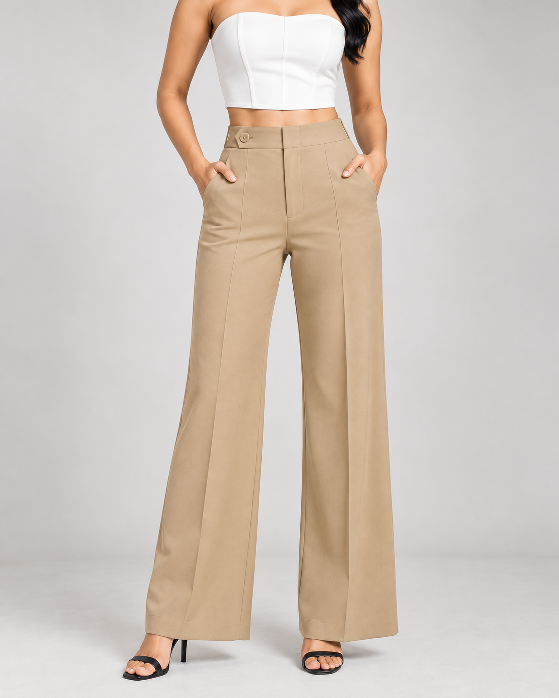 Beige ultra high-waist wide-leg trousers with white bustier, front view | Beyond Formals