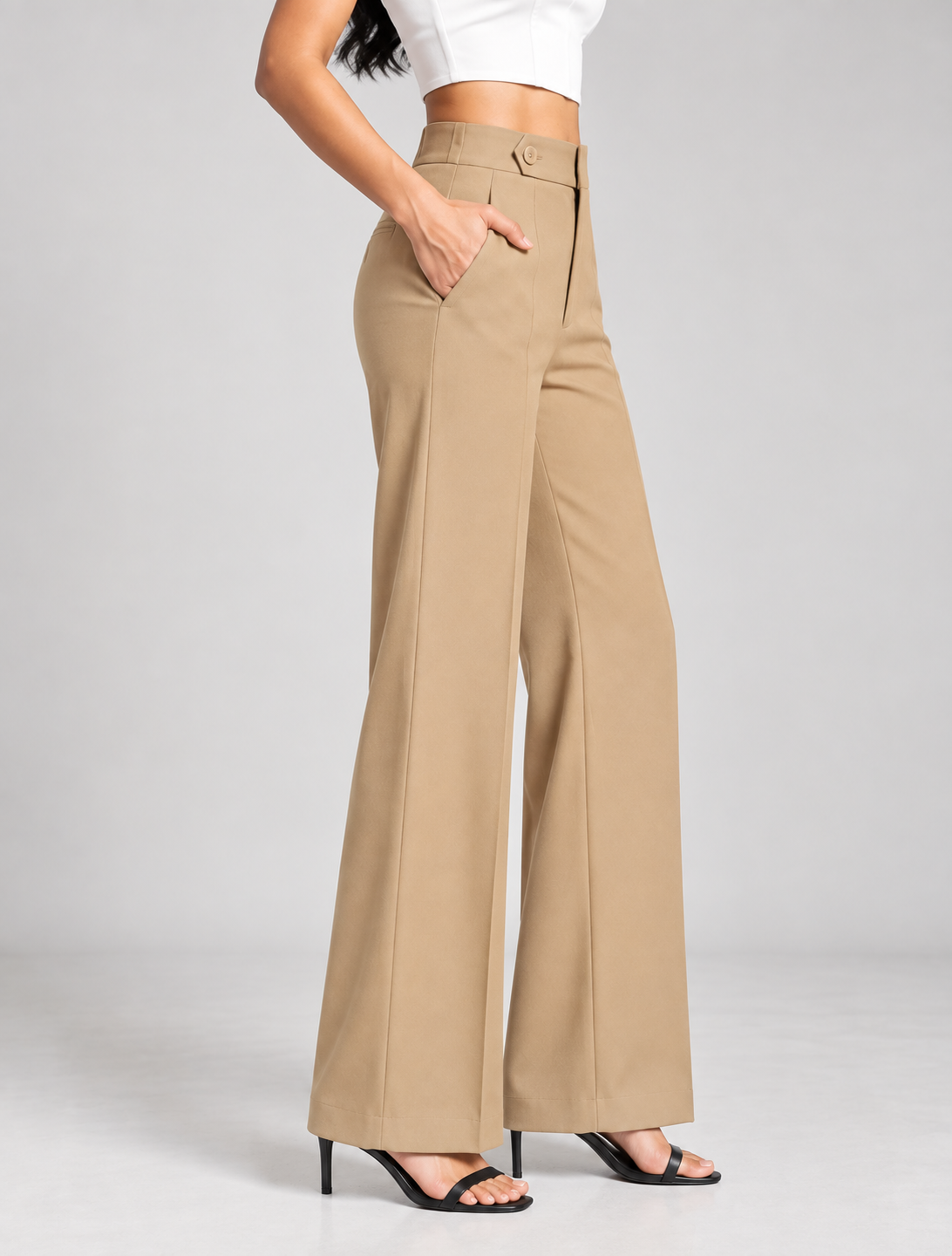 Beige ultra high-waist wide-leg trousers, side view | Beyond Formals