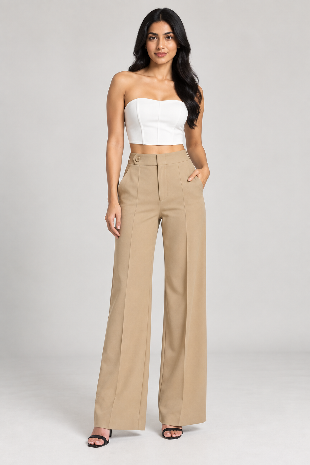 Beige ultra high-waist wide-leg trousers, full-length front view on model | Beyond Formals