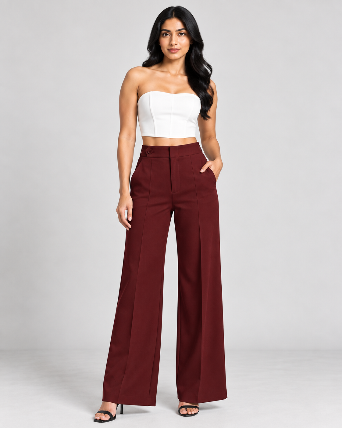Maroon ultra high-waist wide-leg trousers with white bustier, full-length front view | Beyond Formals