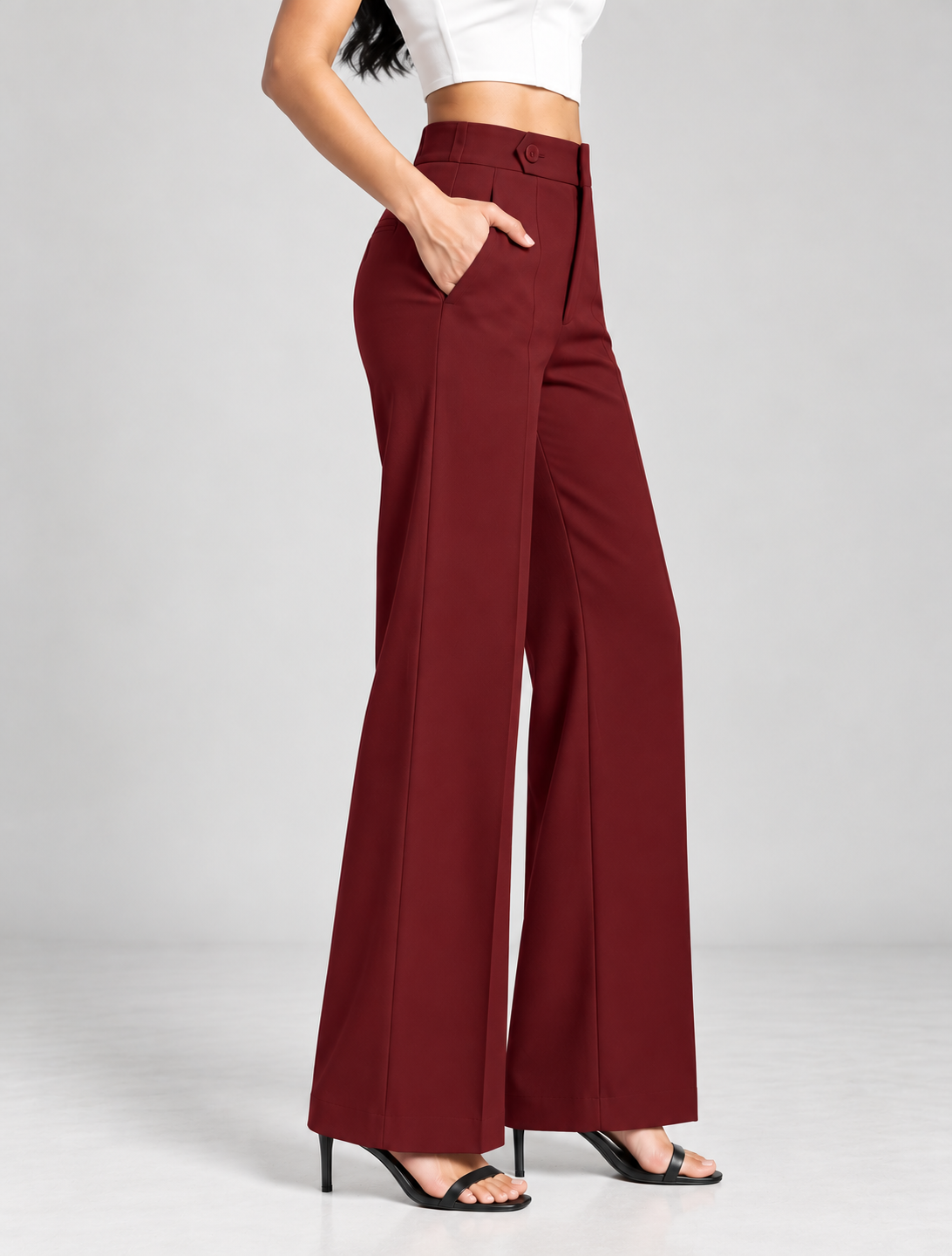 Maroon ultra high-waist wide-leg trousers, side view | Beyond Formals