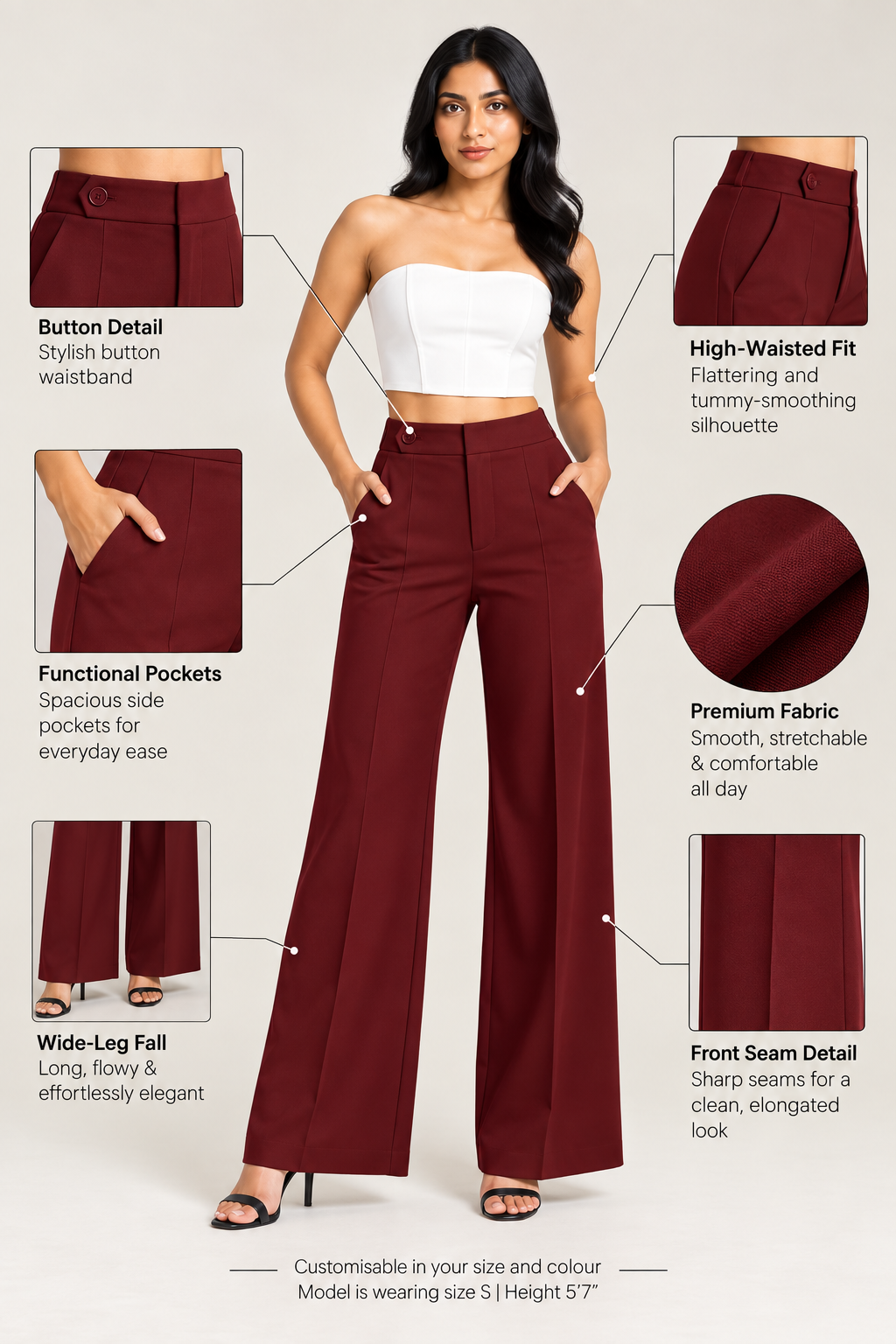 Maroon ultra high-waist trousers infographic: button waistband, pockets, front seam, wide-leg fall | Beyond Formals
