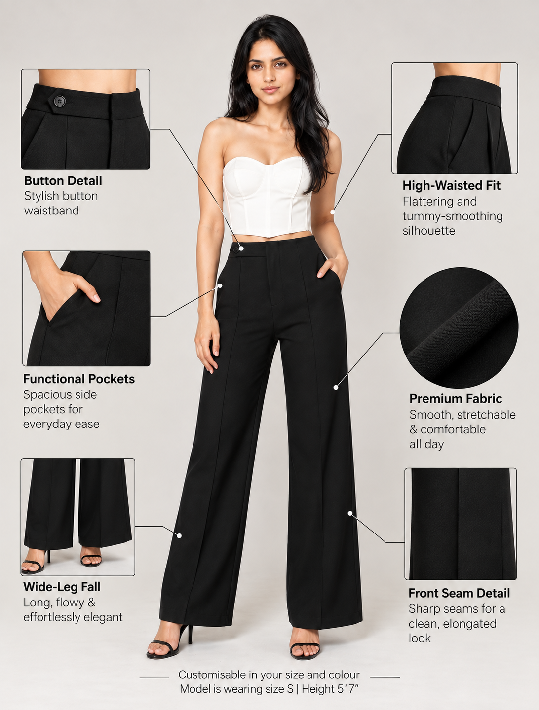 Black ultra high-waist trousers infographic: button waistband, pockets, front seam, wide-leg fall | Beyond Formals