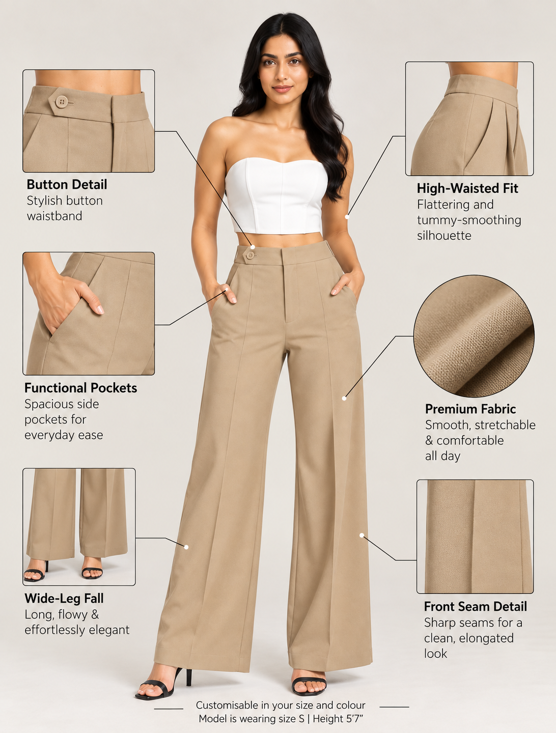 Beige ultra high-waist trousers infographic: button waistband, pockets, front seam, wide-leg fall | Beyond Formals
