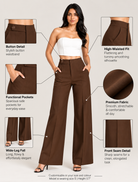 Brown ultra high-waist trousers infographic: button waistband, pockets, front seam, wide-leg fall | Beyond Formals