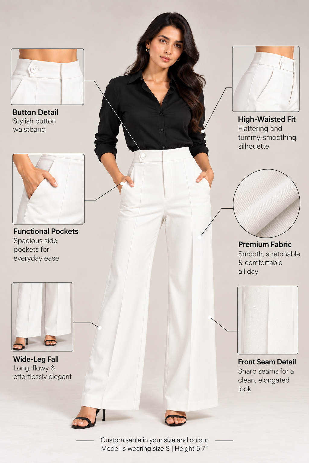 Off-white ultra high-waist trousers infographic: button waistband, pockets, front seam, wide-leg fall | Beyond Formals