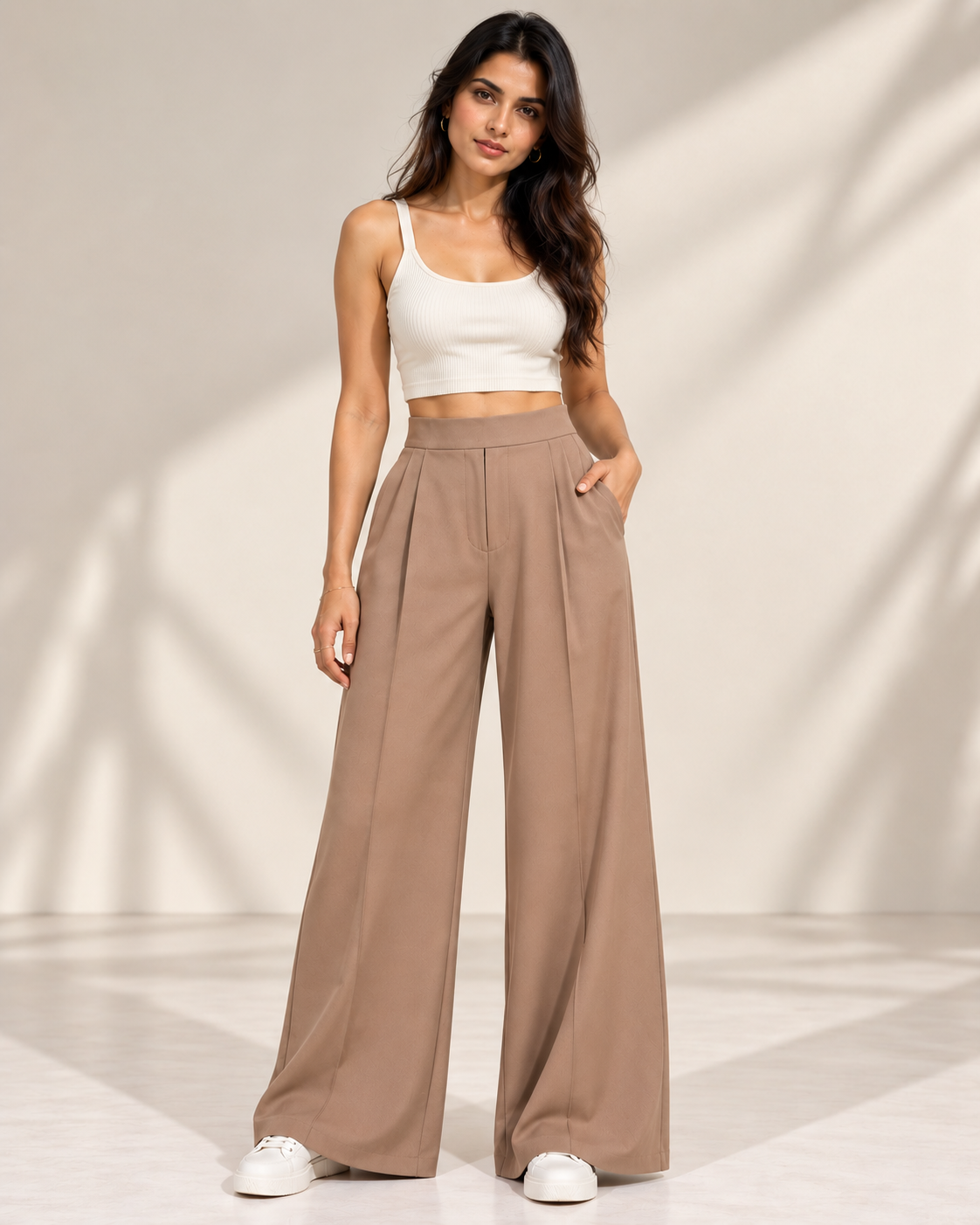 Beige high-waisted wide-leg trousers with cream crop top and white trainers, full-length front view | Beyond Formals
