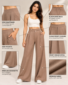 Infographic of beige wide-leg trousers showing waistband, back elastic, pockets, crease and wide leg | Beyond Formals