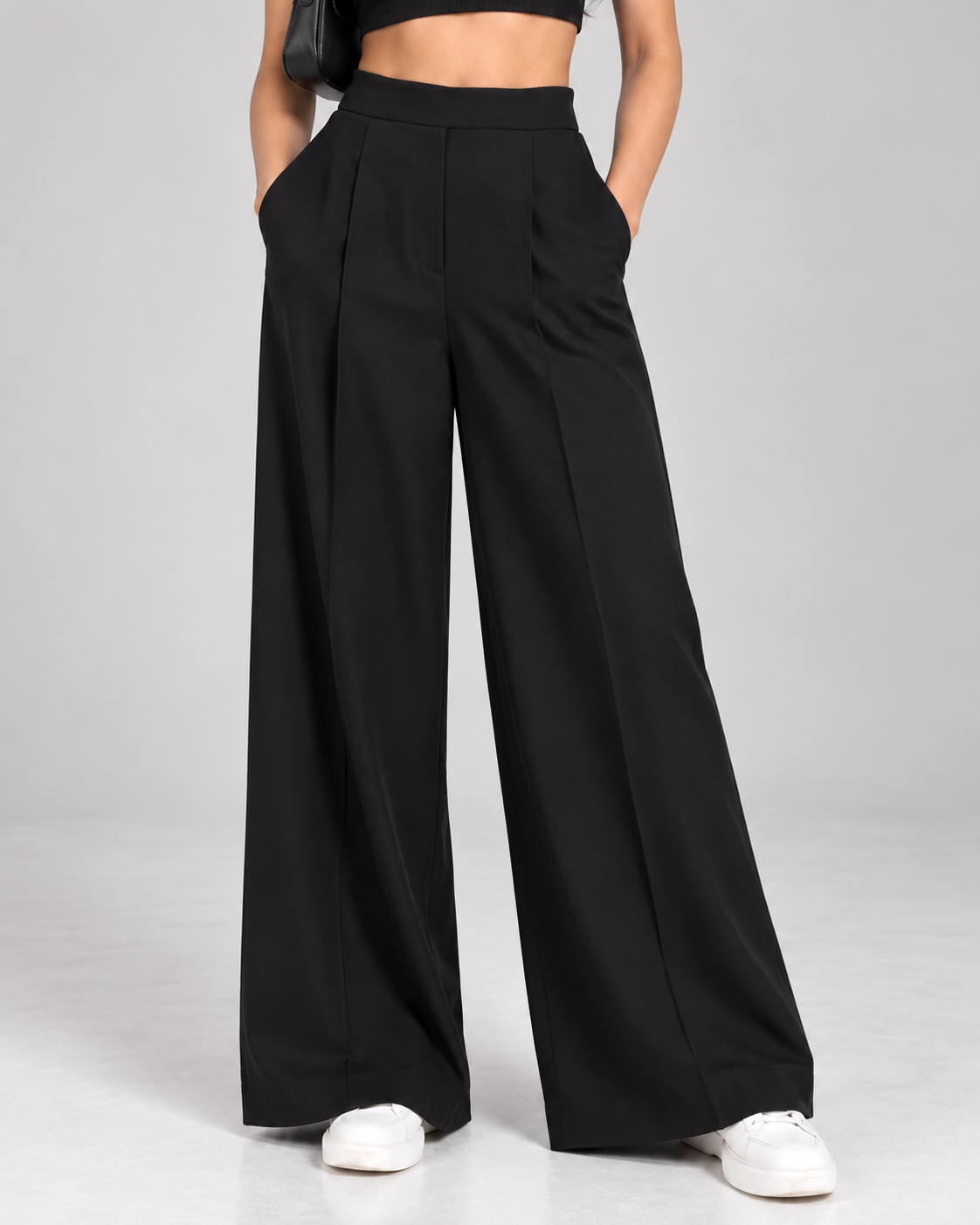Black wide-leg formal trousers, front view showing pleats, pockets and smooth waistband | Beyond Formals