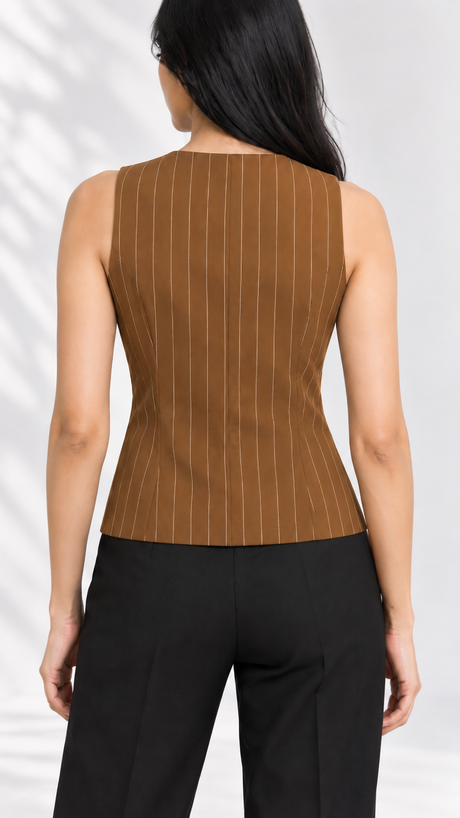 Brown pinstripe waistcoat back view with black trousers | Beyond Formals