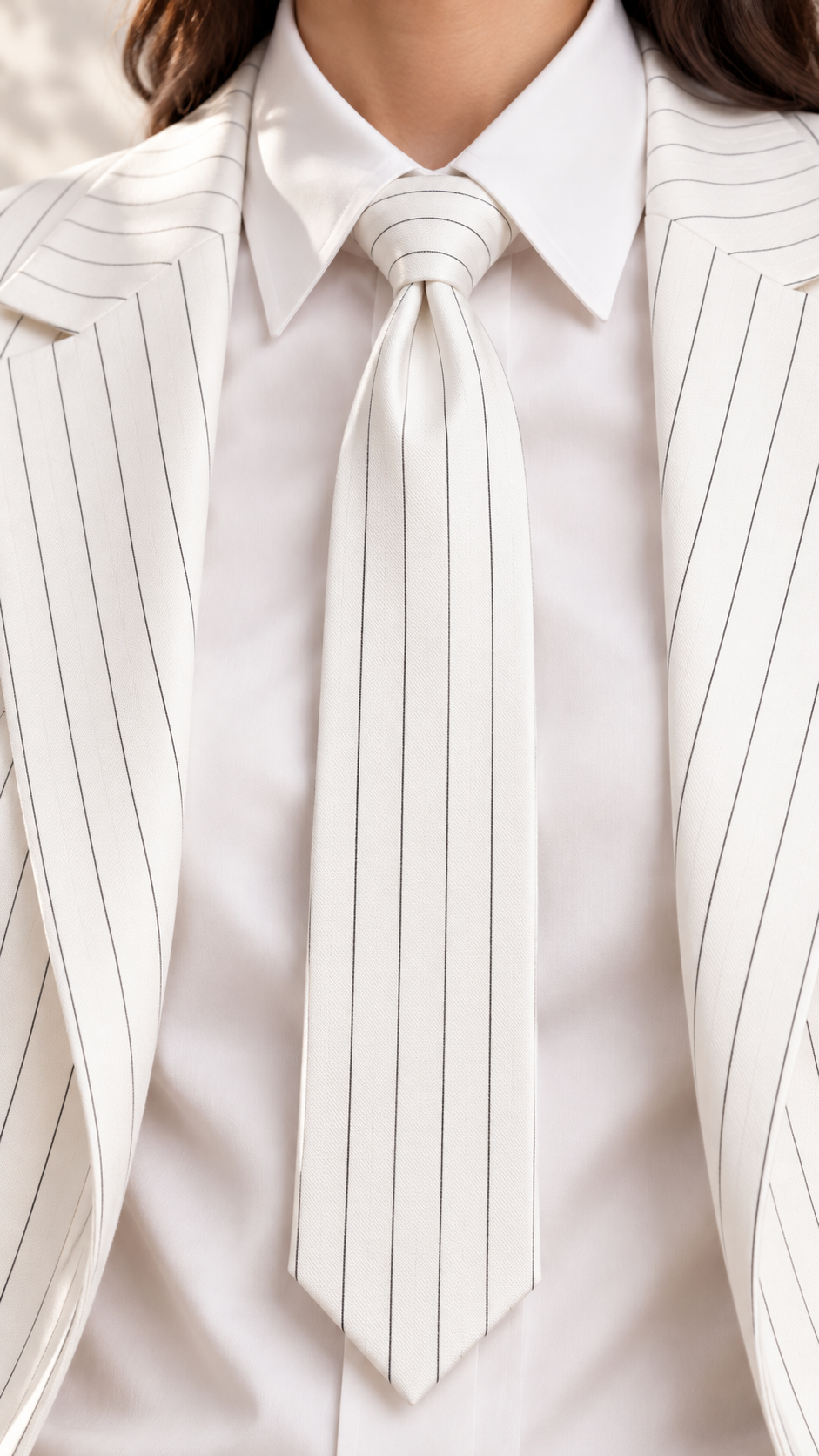 Ivory White Pinstripe Two-Piece Suit Set with Tie – Beyond Formals women's formalwear