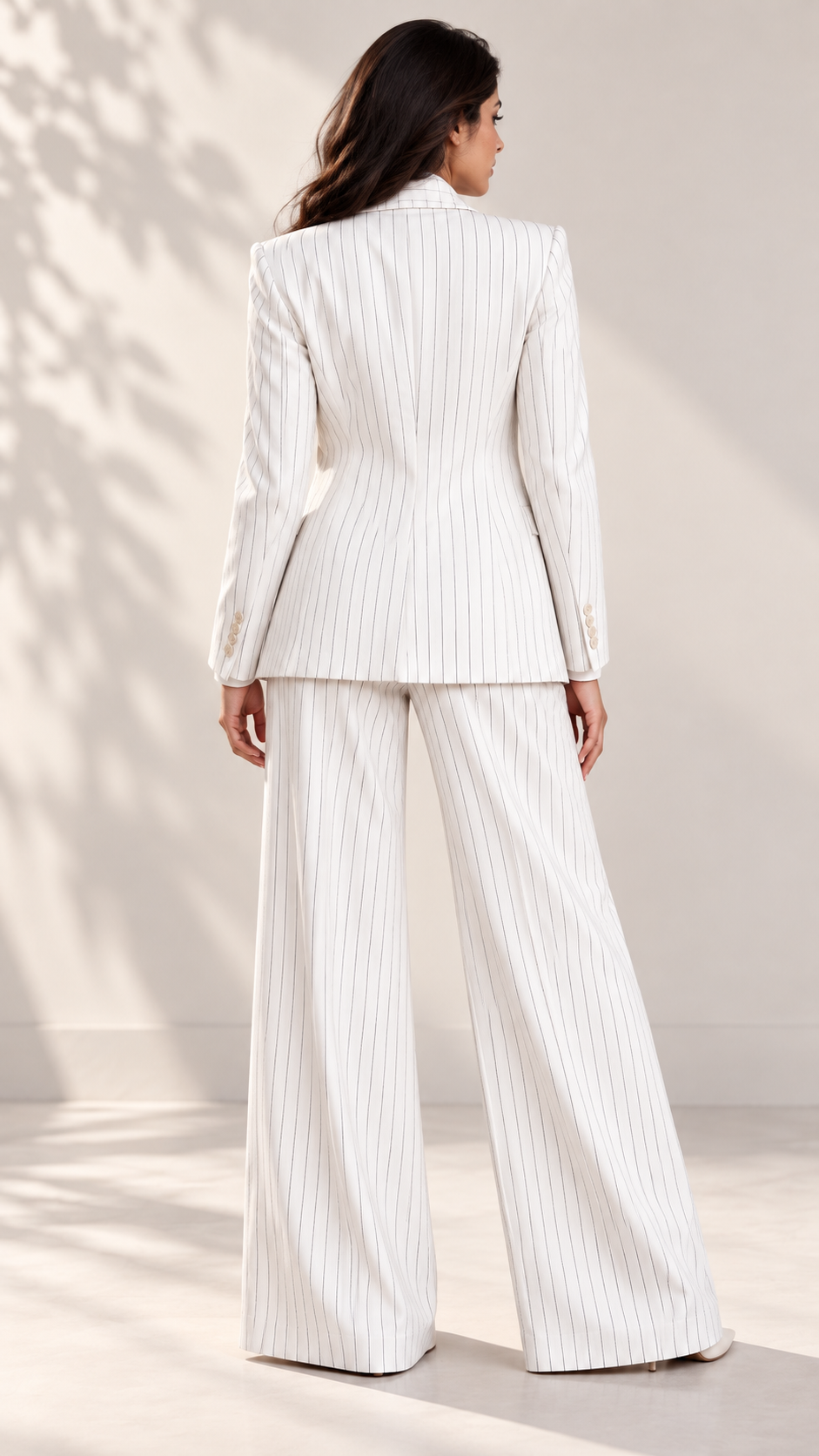 Ivory White Pinstripe Two-Piece Suit Set with Tie – back view, tailored blazer and wide-leg trousers | Beyond Formals
