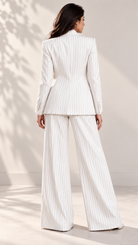Ivory White Pinstripe Two-Piece Suit Set with Tie – back view, tailored blazer and wide-leg trousers | Beyond Formals