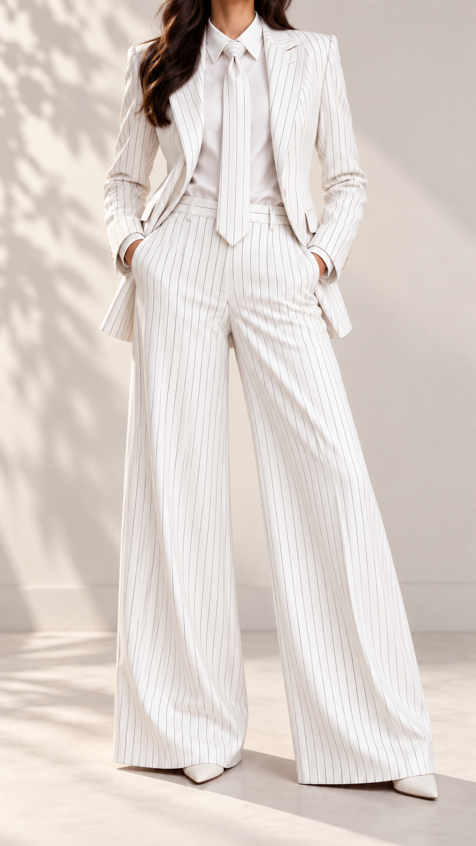 Ivory White Pinstripe Two-Piece Suit Set with Tie – Beyond Formals women's power suit