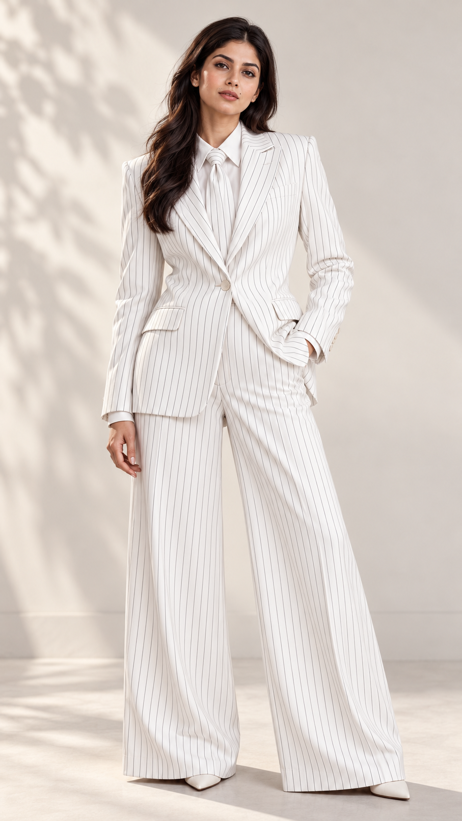 Ivory White Pinstripe Two-Piece Suit Set with Tie – front view, single-button blazer and wide-leg trousers | Beyond Formals