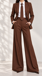 Brown Luxe Pinstripe Suit Set – blazer, matching pinstripe tie and wide-leg trousers, hands in pockets | Beyond Formals