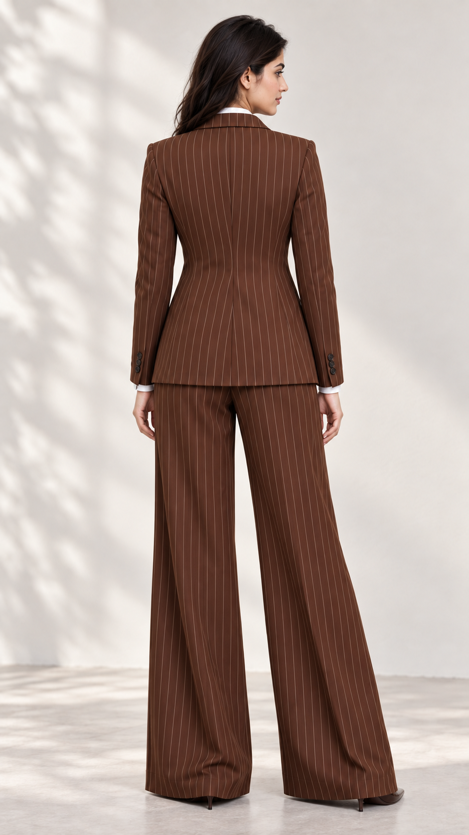 Brown Luxe Pinstripe Two-Piece Suit Set with Tie – back view | Beyond Formals