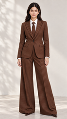 Brown Luxe Pinstripe Two-Piece Suit Set with Tie – front view, single-button blazer and wide-leg trousers | Beyond Formals