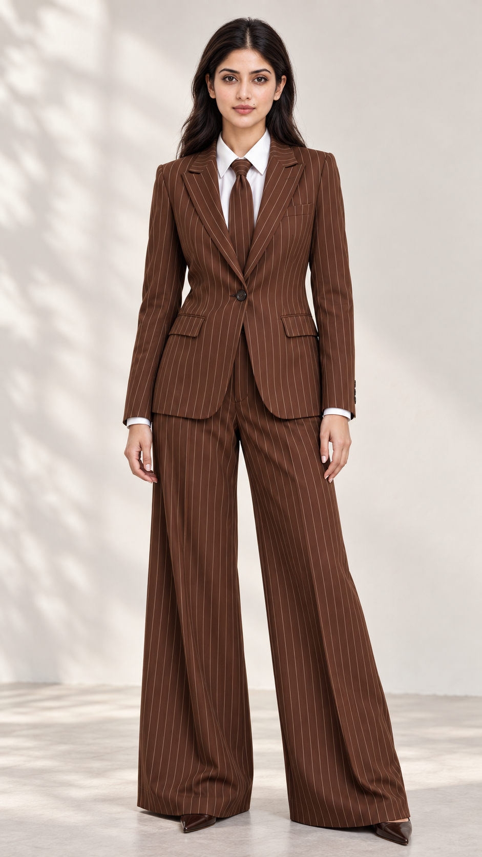 Brown Luxe Pinstripe Two-Piece Suit Set with Tie – front view, single-button blazer and wide-leg trousers | Beyond Formals