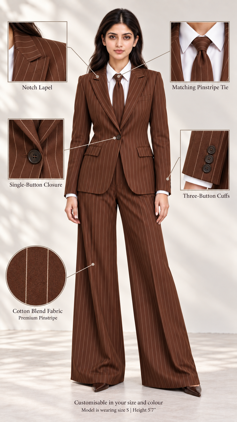 Brown Luxe Pinstripe Suit Set – feature details: notch lapel, single button, matching tie, three-button cuffs, cotton blend | Beyond Formals