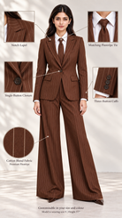 Brown Luxe Pinstripe Suit Set – feature details: notch lapel, single button, matching tie, three-button cuffs, cotton blend | Beyond Formals