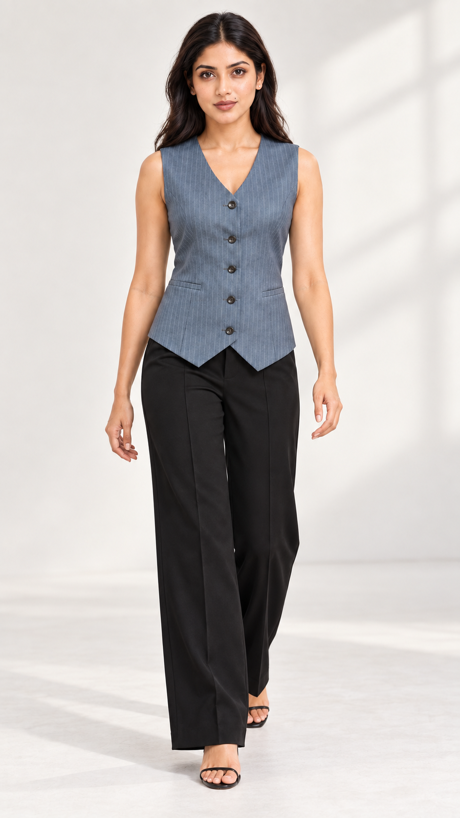 Blue-grey pinstripe single-breasted waistcoat with black trousers – full-length front view | Beyond Formals