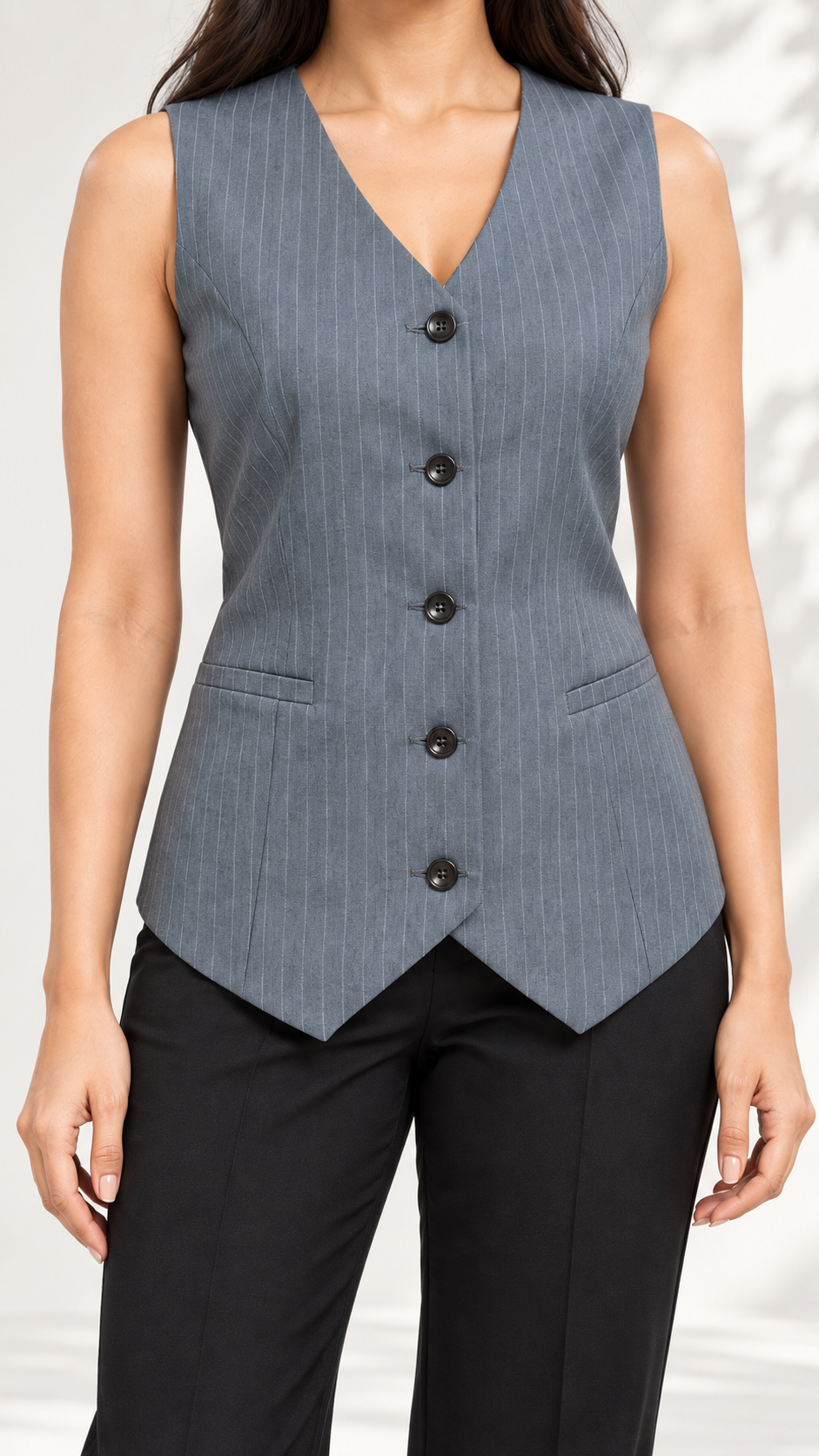 Blue-grey pinstripe V-neck waistcoat with five buttons – front close-up | Beyond Formals