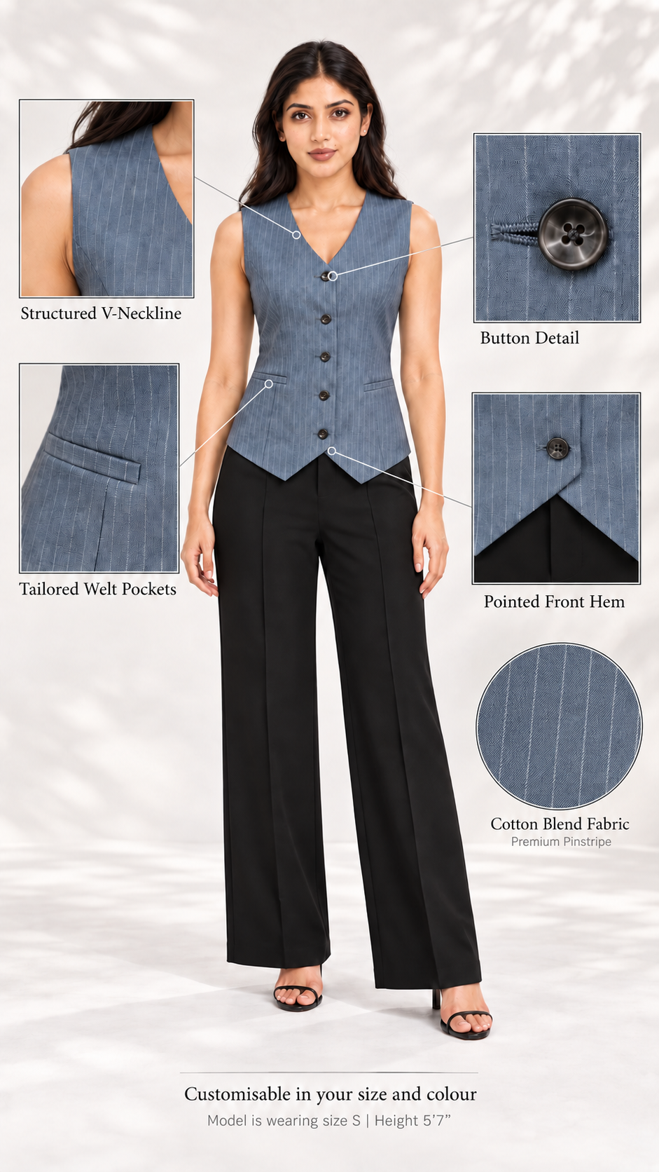 Blue-grey pinstripe waistcoat – detail guide showing V-neckline, buttons, welt pockets, pointed hem and fabric | Beyond Formals