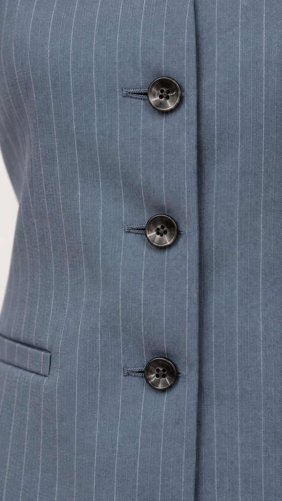 Blue-grey pinstripe waistcoat – close-up of buttons and fabric | Beyond Formals