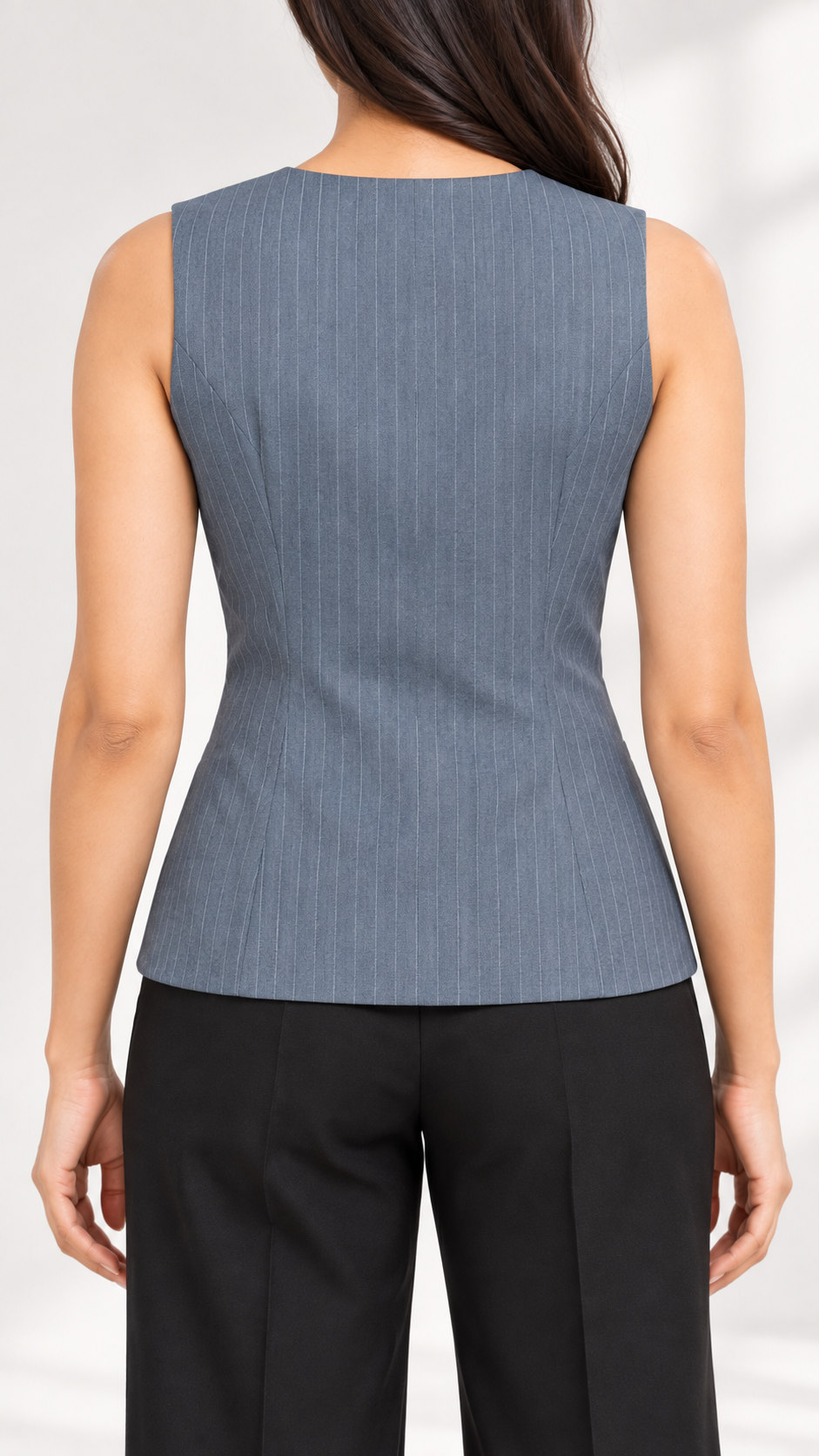 Blue-grey pinstripe waistcoat with black trousers – back view | Beyond Formals