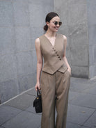 Beige co-ord set with a single-breasted blazer and flared pants.