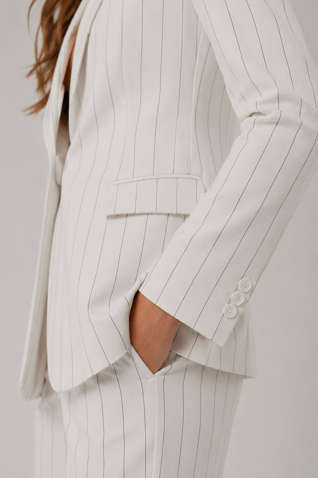 White Pinstripe Single-Breasted Blazer Suit Set Beyond Formals