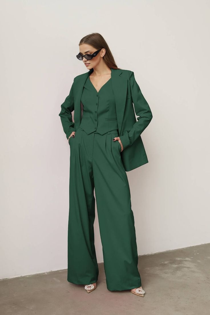 green blazer suit set with high-waisted wide-leg trousers
